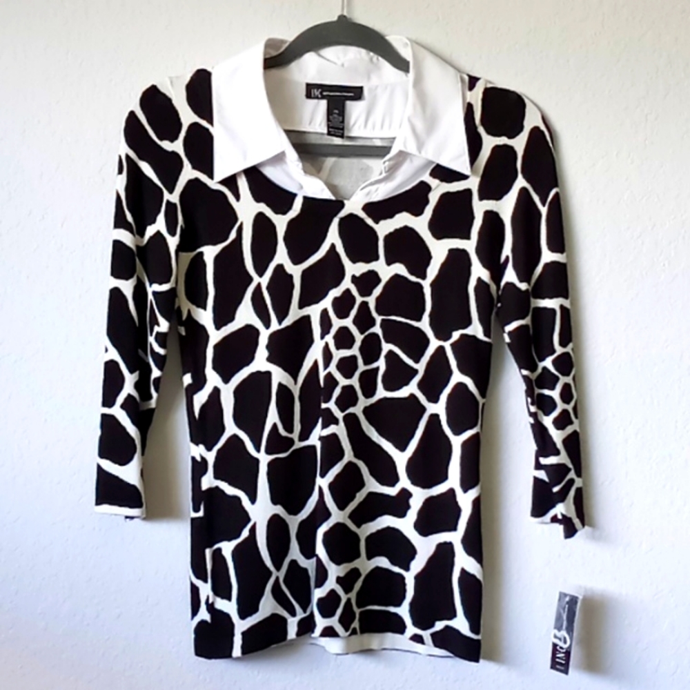INC Electric Black/White Giraffe Print Pullover Top Size XS